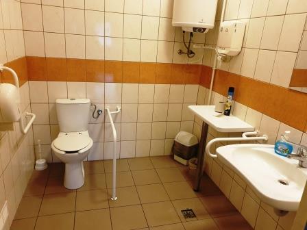 Obraz przedstawia wnętrze toalety dla osób niepełnosprawnych. WC, umywalka i poręcze.